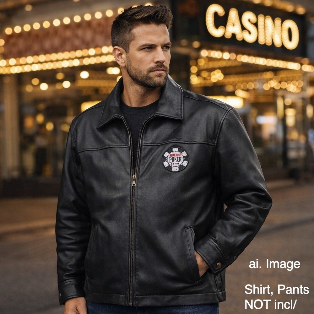 Burks‎ Bay Mens XL Black Leather Bomber Jacket World Series Poker Patch Zip Up